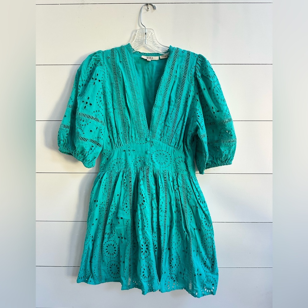 Mahila Teal Eyelet Mini Dress